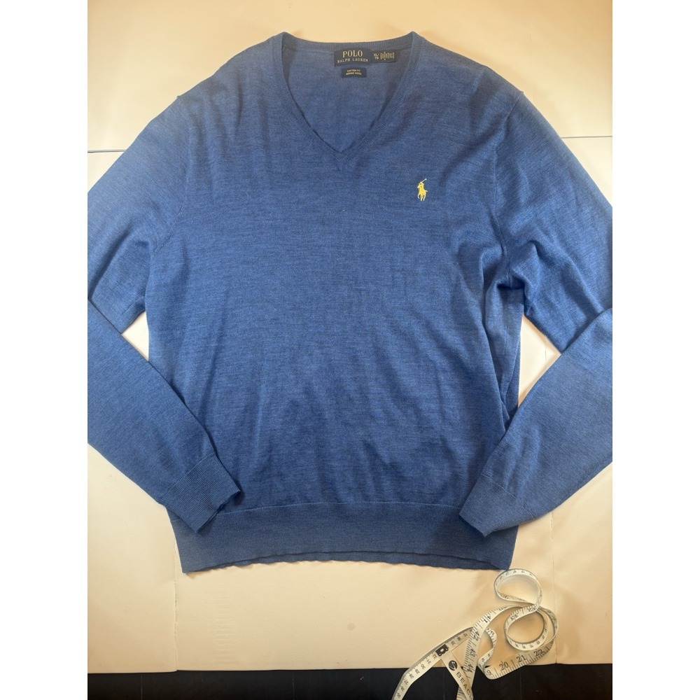 Polo Ralph Lauren Mens XL Blue Merino Wool V-Neck Sweater Custom Fit